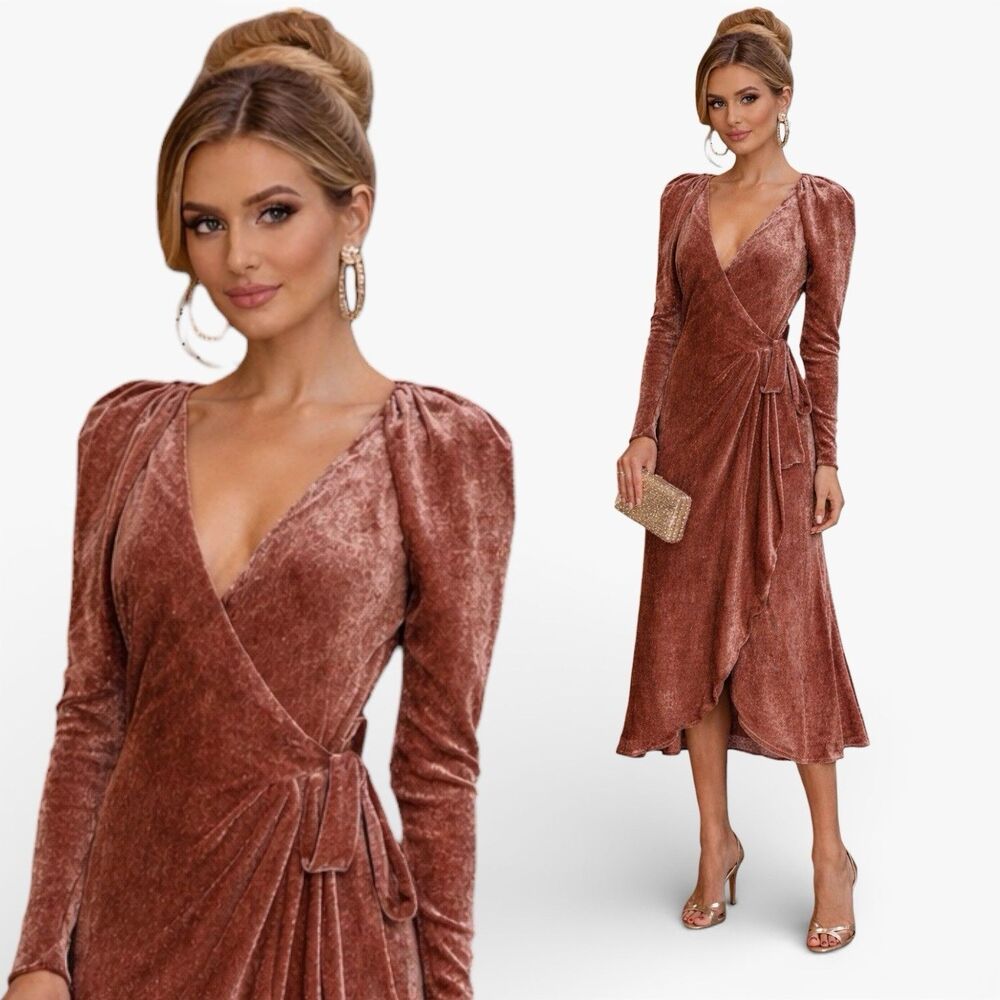 Tanya Taylor Burgundy Velvet Plunge Tie Waist Formal Wrap Dress